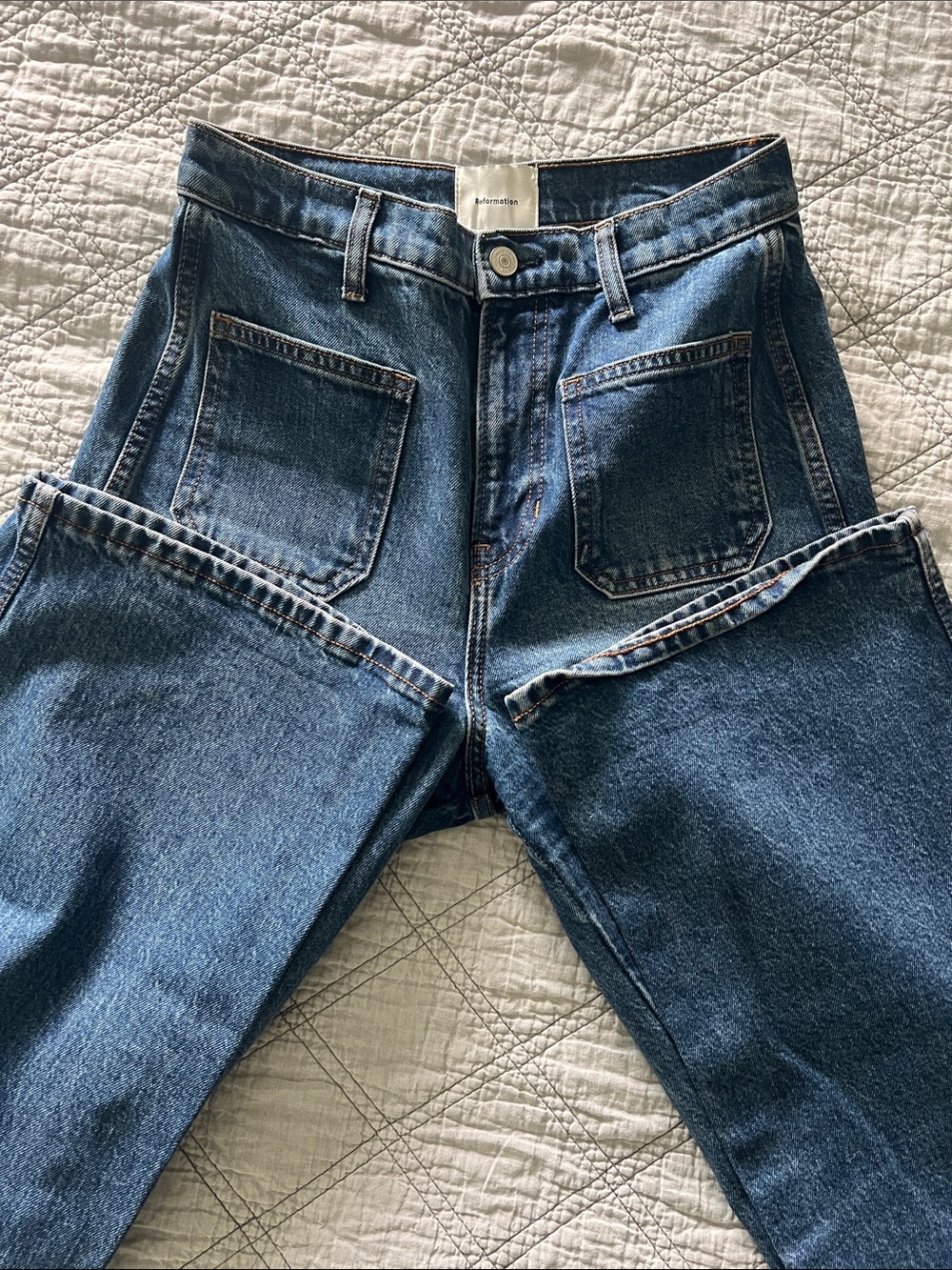 Reformation Alyssa Stretch High Rise Wide Leg Long Jeans size 26 patch pockets - Picture 9 of 10
